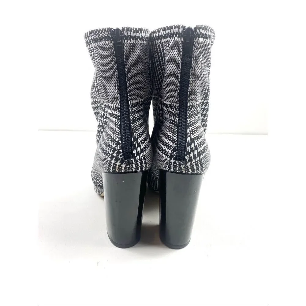 ALDO Lovelee Houndstooth Plaid 3.5” Block Heel Back Zip Ankle Boots Stretch Size